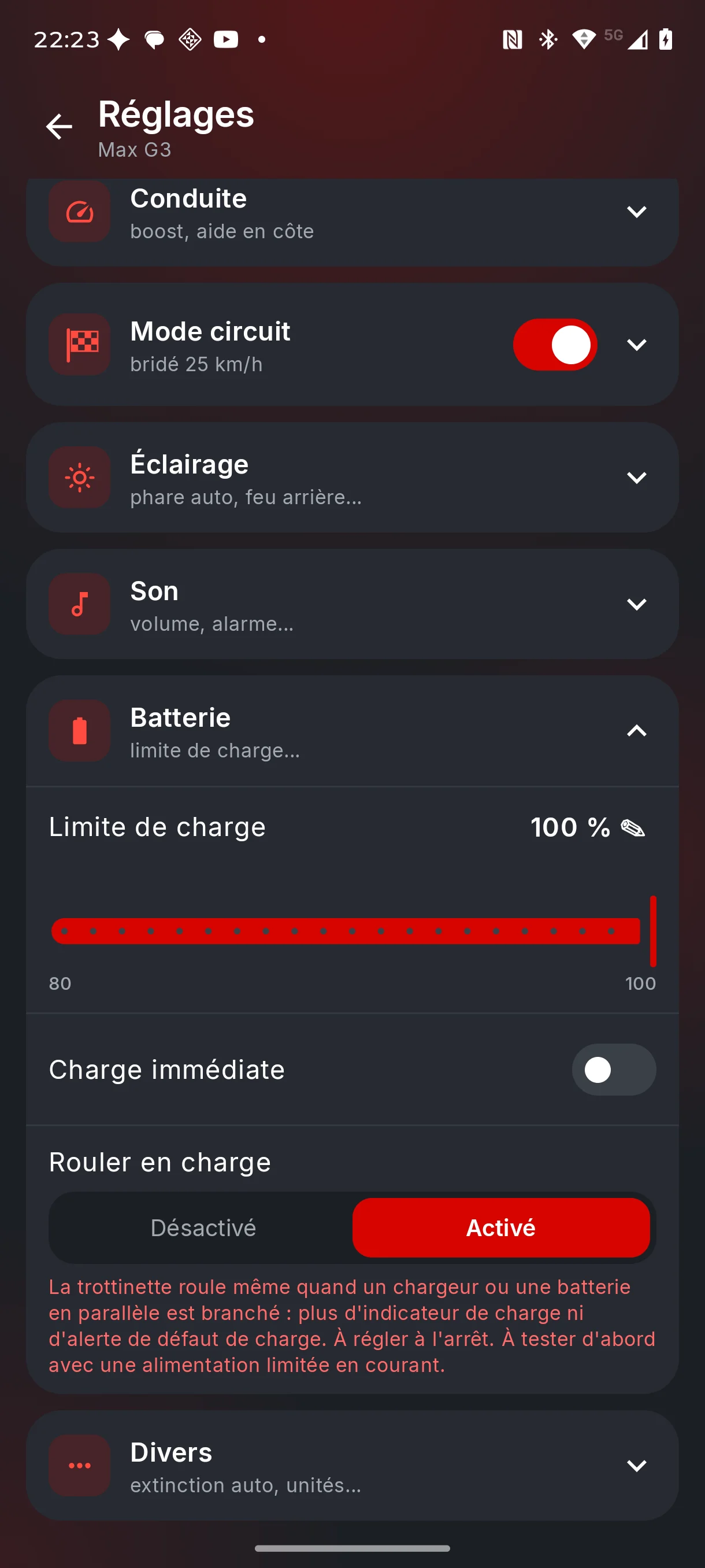 Charge mode off in the app, real setting